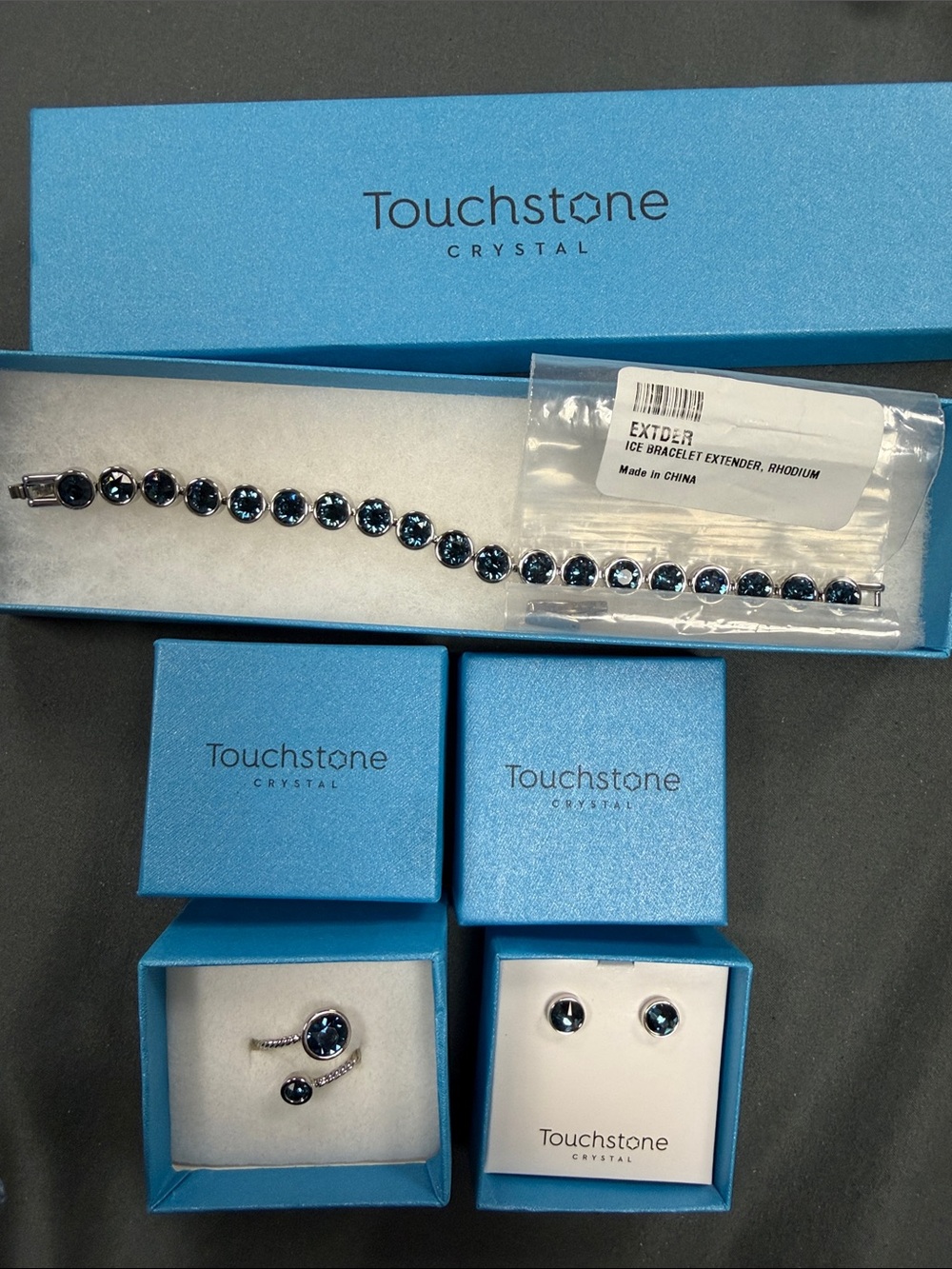 Touchstone Crystal Deep Blue Crystal Bracelet with Matching Studs and Ring.